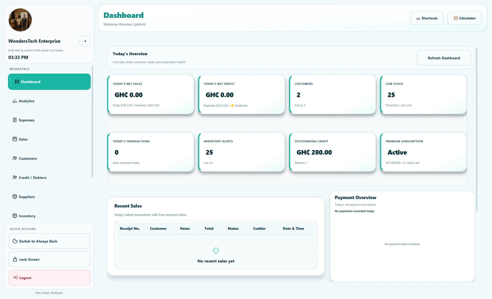 WondersTech POS dashboard showing sales and business reporting
